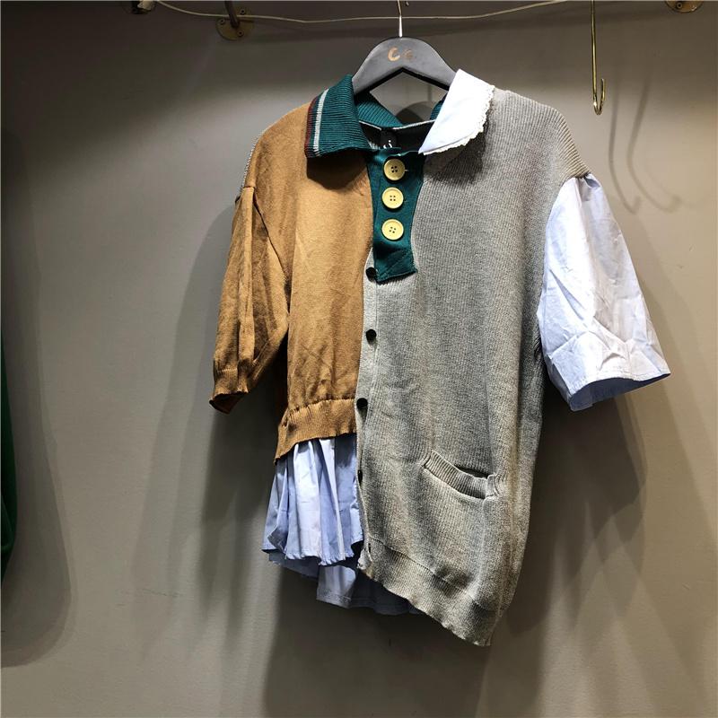 

Women' T-Shirt [EWQ] European Fashion Summer 2021 Irregular Contrast Stitching Lapel Short Sleeve Shirt Women Casual 16W952, Gray