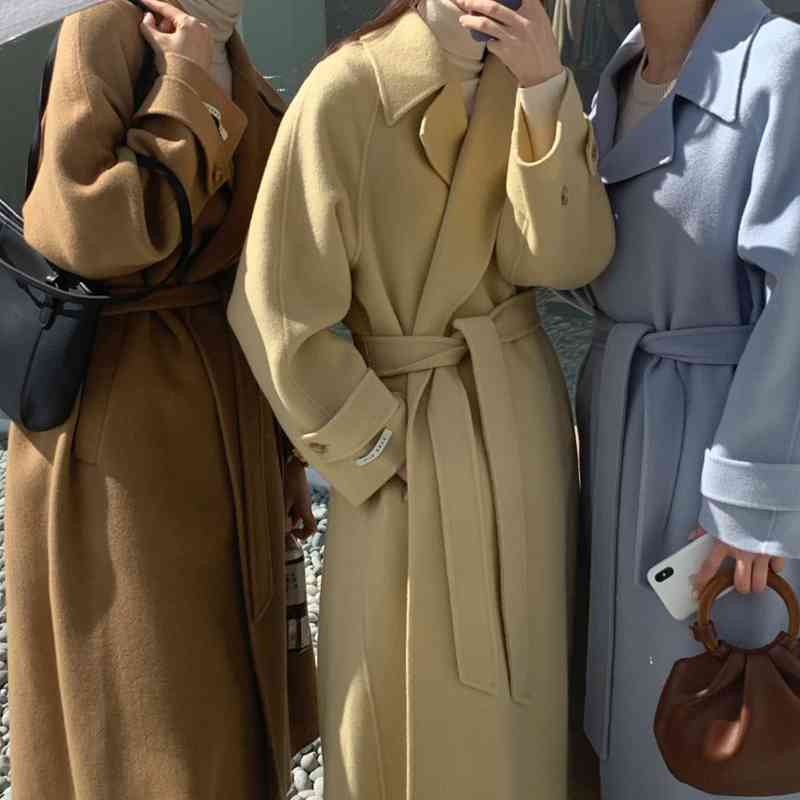 

Autumn Winter Wool Coat Women Elegant Turn Down Collar Long s Woman Korean Bandage Blend 210602, Blue