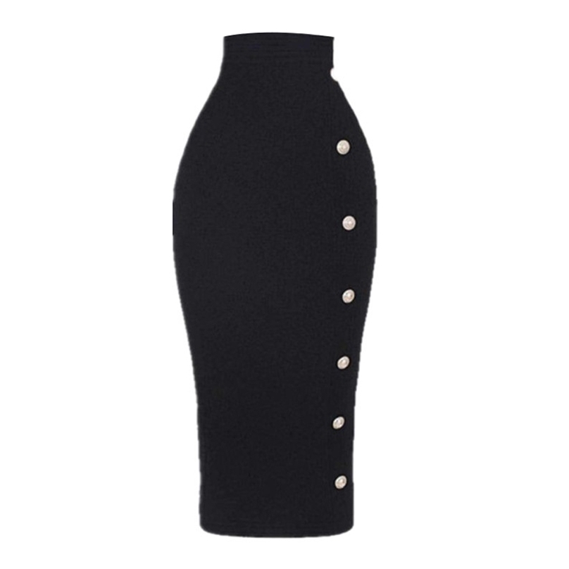 

Arrival Women Button Black Bodycon Bandage Skirt Designer High Waist Street Party Club Pencil 75cm 210629