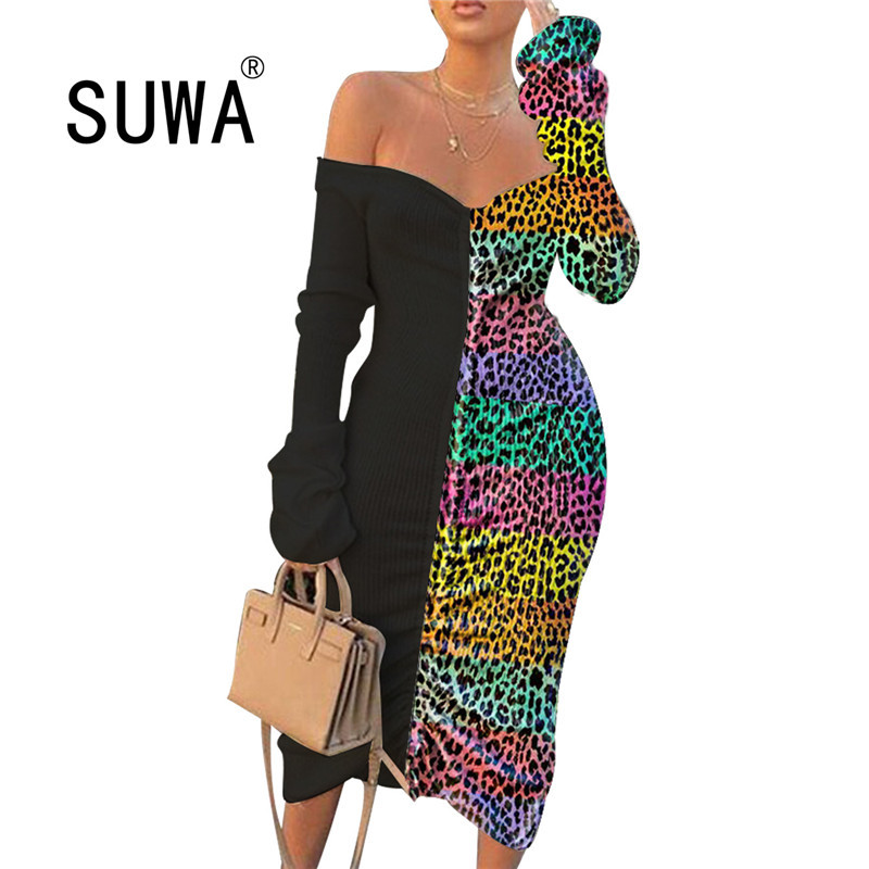 

Autumn Sexy Club Night Party Women Leopard Print Patchwork Off Shoulder Long Sleeve Knitted Bodycon Midi Dress Vestidos 210525, Multi