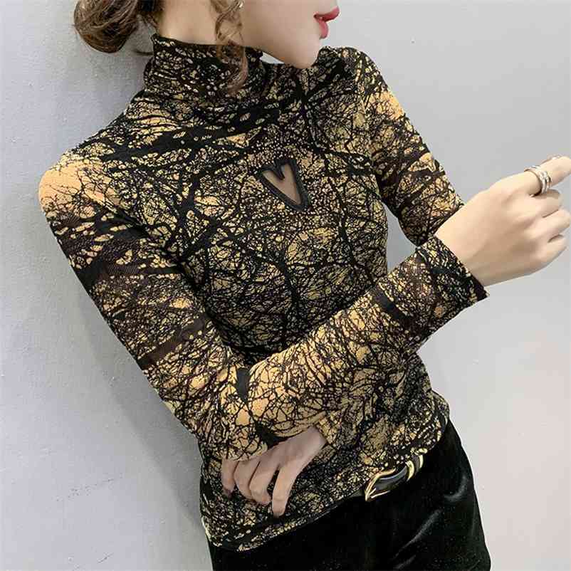 

Spring Autumn Korean T shirt Women Lace Mesh Top Long Sleeve Turtleneck Base Shirt 3XL 210517, White