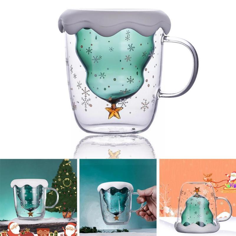 

Mugs Christmas Tree Double Glass Water Cup Milk Mug Coffee Cover With Gifts E6k2