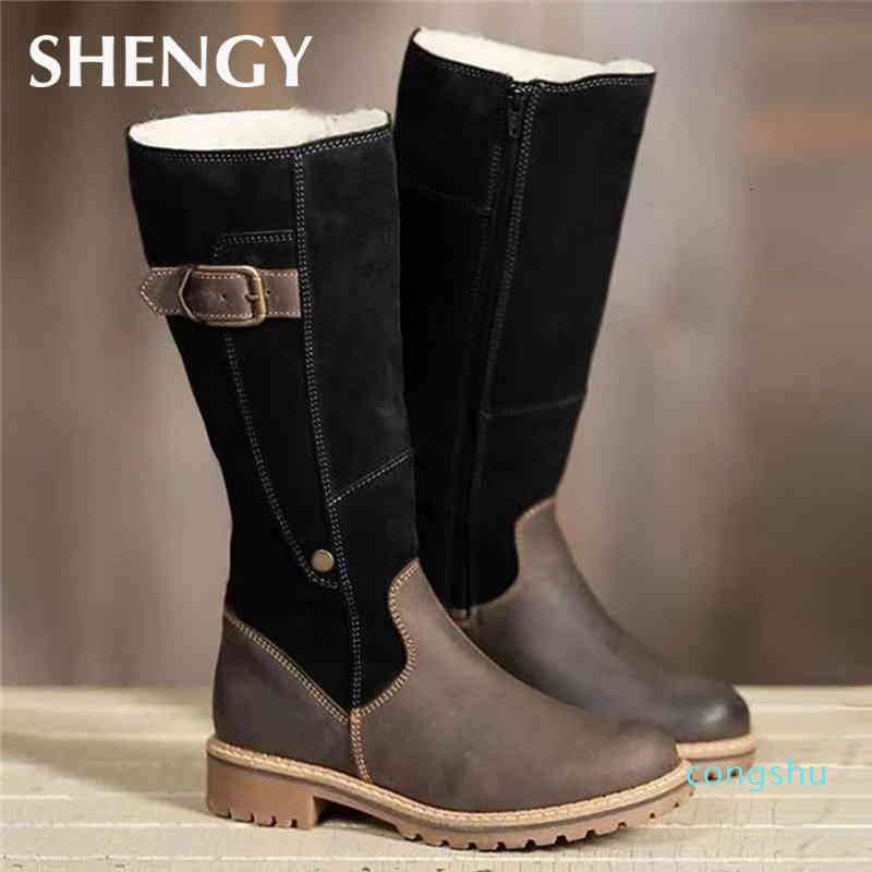 Bottes femmes cuir troupeau hiver peluche chaud à genoux haute luxe dames Patchwork chaussures plates décontracté femme neige 11
