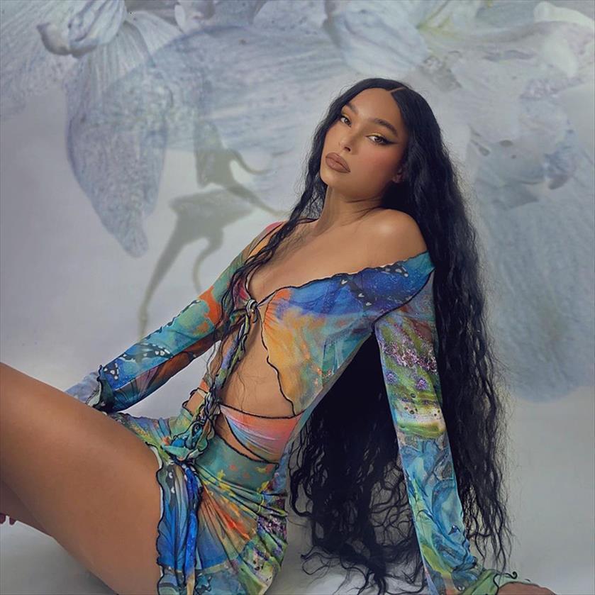 

cut out v neck womens tracksuits long sleeve bodycon butterfly print graffiti skinny mini midnight club 2 piece sets, Gray