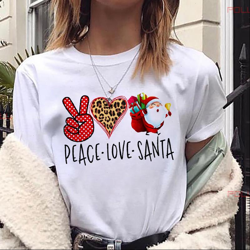 

Women Tops T Shirt Fashion Christmas Tshirt Leopard Peace Love Santa Streetwear Casual Short Sleeves Female Tee Shirts, White