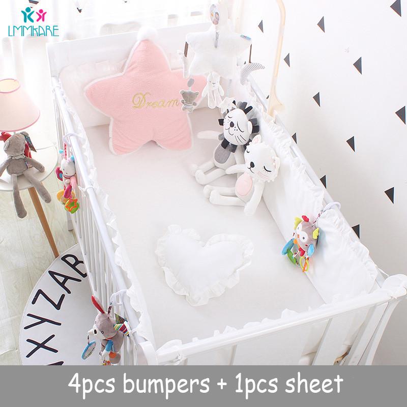 

Cotton Breathable Born Bed Bumper Cot Anti-bump Baby Crib Liner Sets Safe Pad 4pcs Bumpers+Bed Sheet Pink/Grey/White Bedding