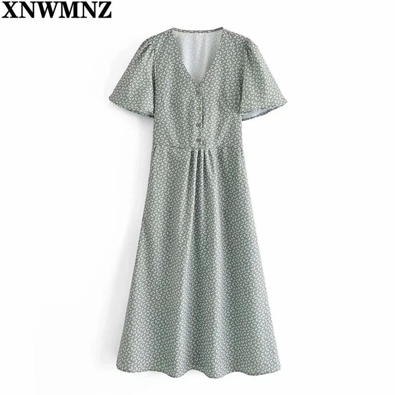 

Summer Dress Casual Women's Dresses Fashion Print Floral High Waist Short Sleeve Button-Up Lace Beach Female Robe 210520, Army green