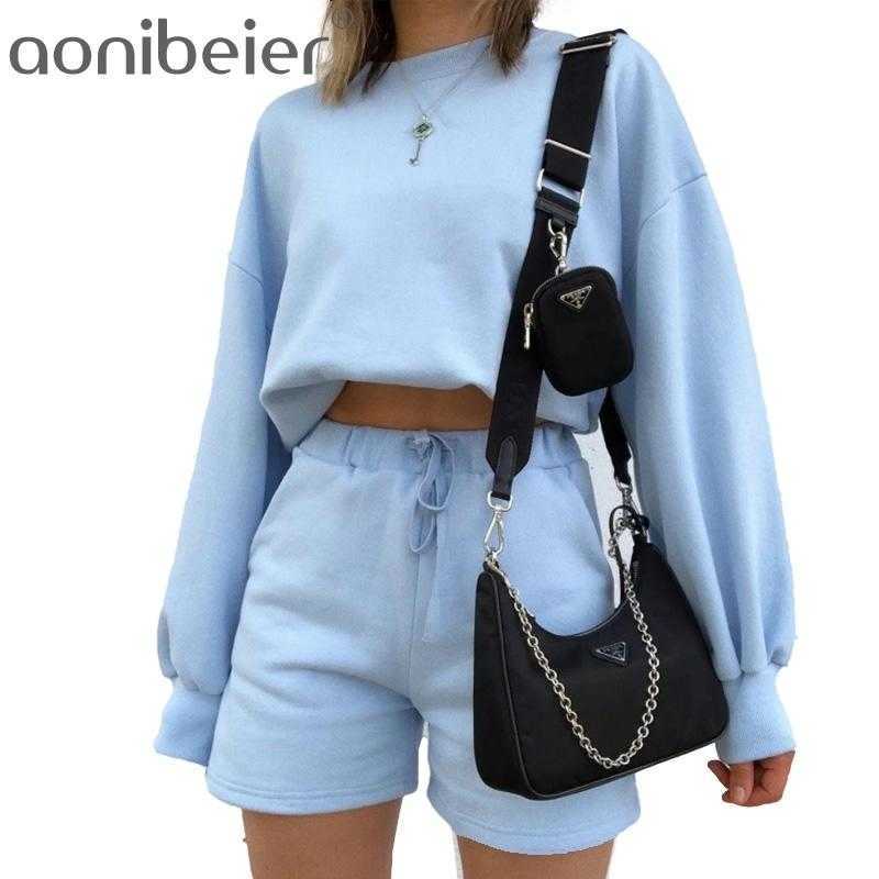 

Spring Autumn Women Thick Fleece 100% Cotton Suit 2 Pieces Sets Sweatshirt and Pants Suits Sporty Top Shorts 210604, Light grey