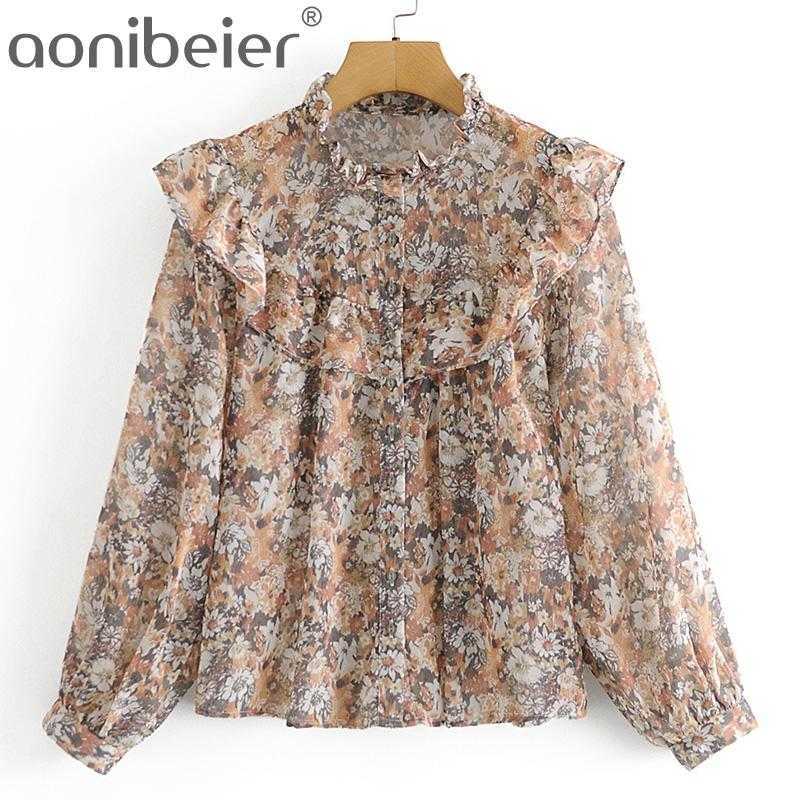 

Women Cascading Ruffle Floral Printing Chiffon Shirts Vintage Female Long Sleeve Blouses Casual Lady Loose Tops Blusas 210604, As pic