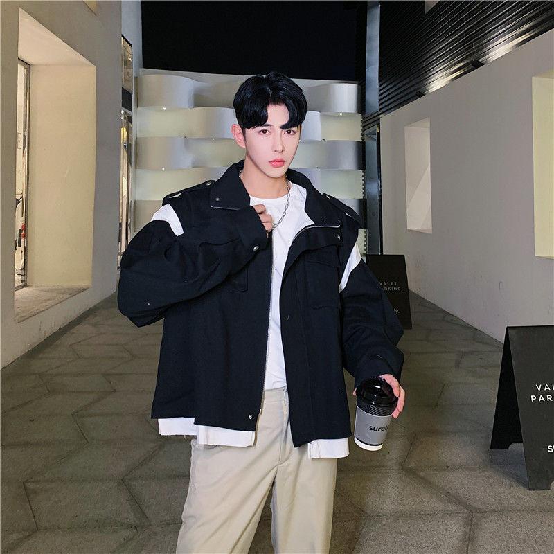 

Men's Jackets SYUHGFA Men Clothing 2022 Spring High Quality Fake Two Pieces Short Style Loose Coats For Male Zipper Jacket With Pocket, Black;brown