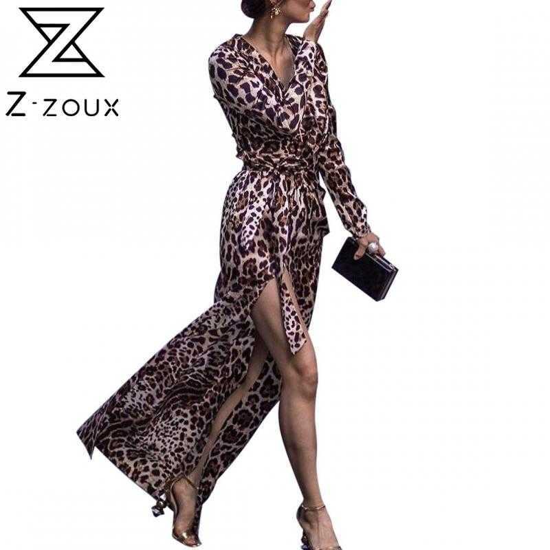

Women Dress V-neck Bandage Leopard Vintage Dresses Long Sleeve Plus Size Sexy Split Fashion 210524
