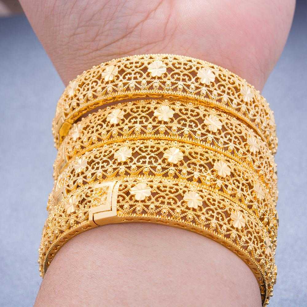 

New 24k 4pcs/lot Flower Gold Color Bangles for Women Girls Ethiopian African Dubai Bangles Bracelet Party Wedding Jewelry Gifts Q0720