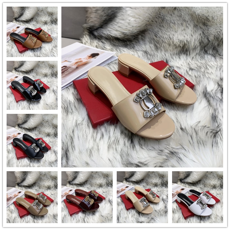 

[With box] summer women's high-heeled slippers striped sandals patent leather rubber sole ladies Thick heel 3cm casual towing outdoor s, Black