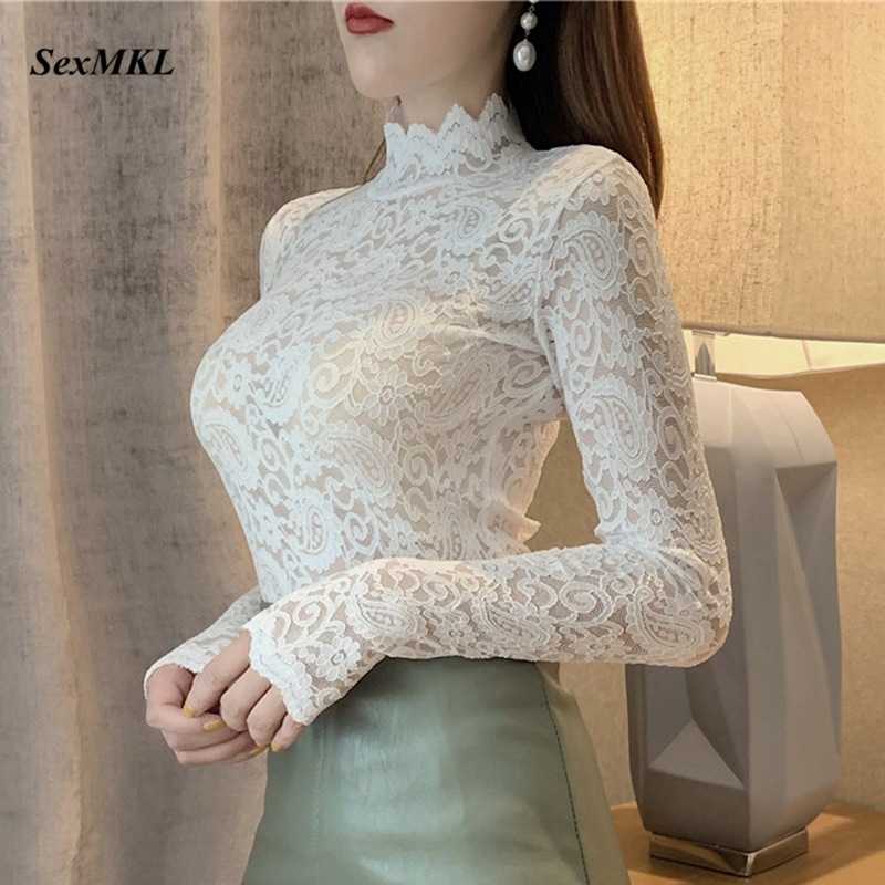 

Woman White Lace Blouse Transparent Summer Women Blouses Plus Size Womens Tops and Blouses Sexy Black Lace Shirts Long Sleeve 210721, Blue