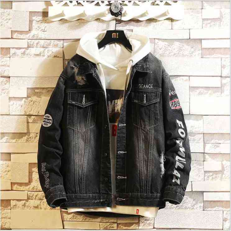 

Men's Jackets jean jacket, hip hop, stamped, , large size, cotton, casual, streetwear, autumn, pop, man's coat KFMU, 1# shoe box
