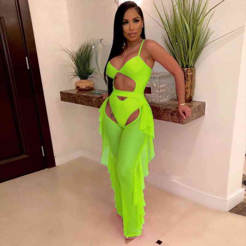 

Fashion Neon Green Tracksuit Women Two Piece Set Sleeveless Bodysuit And Ruffles Mesh Sheer Pants Bodycon Two Piece Outfits, White