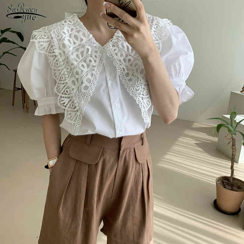 

Summer Korean Style Puff Sleeve Tops Shirt Elegant Vintage Lace Lapel White Blouses Women Black Femme Blusas 13813 210521