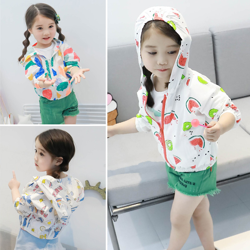 

Kids Jackets for Boys/Girls Cute Print Sun Protection Clothing Baby Hooded Ultra-thin Breathable Sunscreen Coat Girl Clothes, White