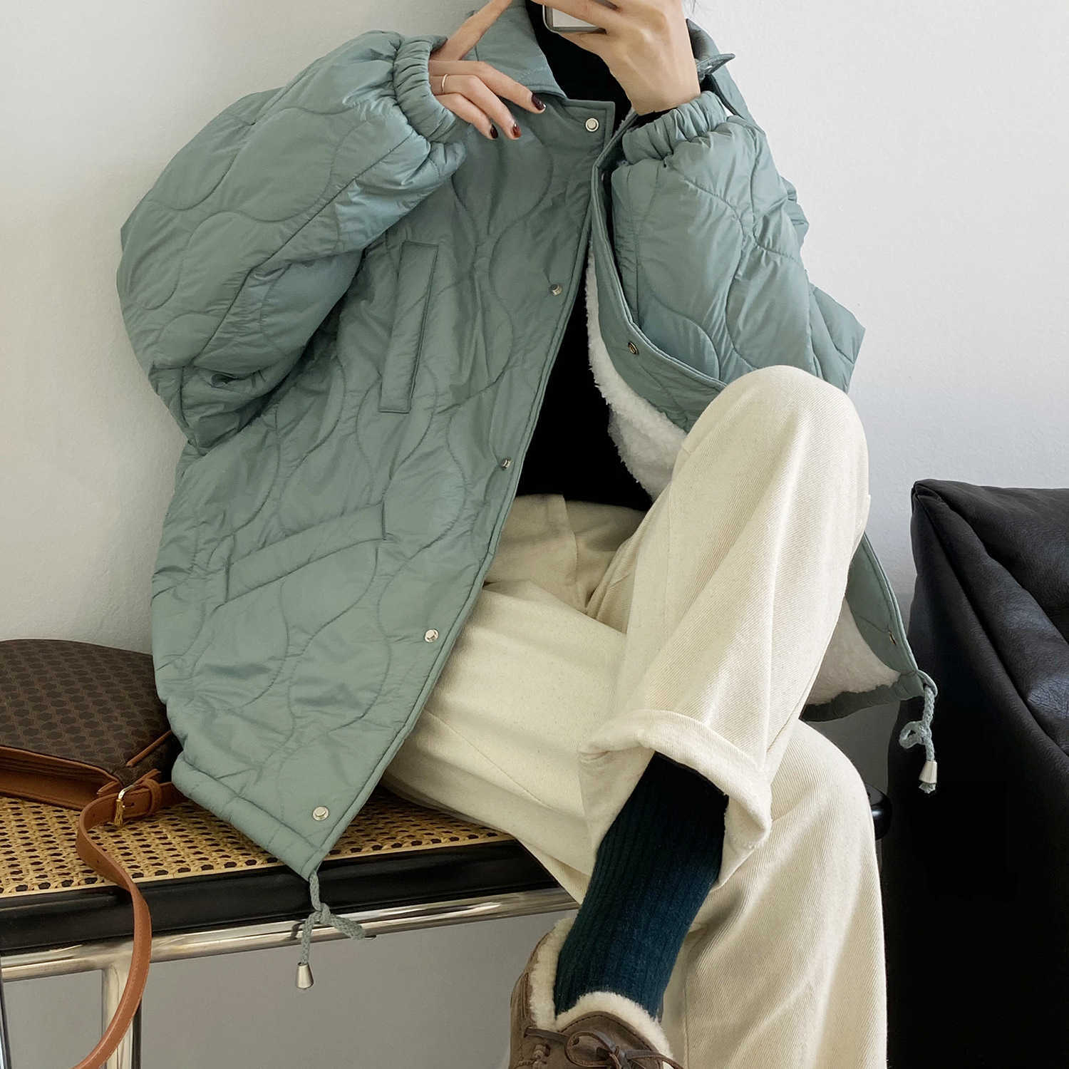 

Thickened Inner Lambs Wool Cotton Coat Women's Winter Loose Long Sleeve Parka Fashion Jackets for Female 210607, Mint green