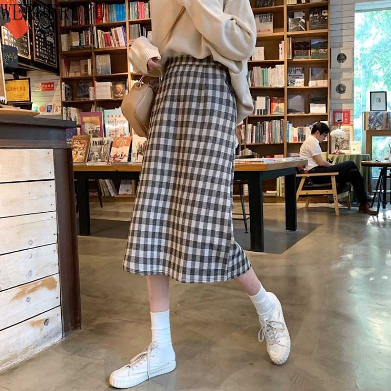 

WERUERUYU woolen skirt Women Midi Skirt Autumn Winter Thick Warm A Line Skirt High Waist Plaid Sweater Skirts 210608, Photo color