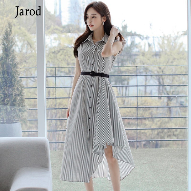 

Summer Korea Striped Dresses Sleeveless Belt Single Breasted Irregular Mid-Calf Casual Women's Clothes 210518, Picture color