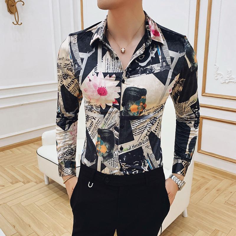 

Men's Casual Shirts Printing Shirt Blouse Homme Banquet Paisley Men Luxury Korean Mens Long Sleeve Print Slim Fit, White;black