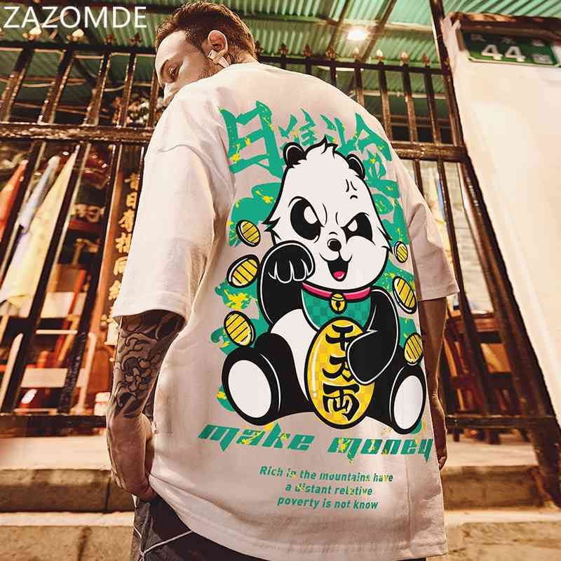 

ZAZOMDE Chinese Style Men T-Shirts Summer Lucky Panda Printed Short Sleeve T shirts Hip Hop Casual Tops Tees Streetwear 210629, White
