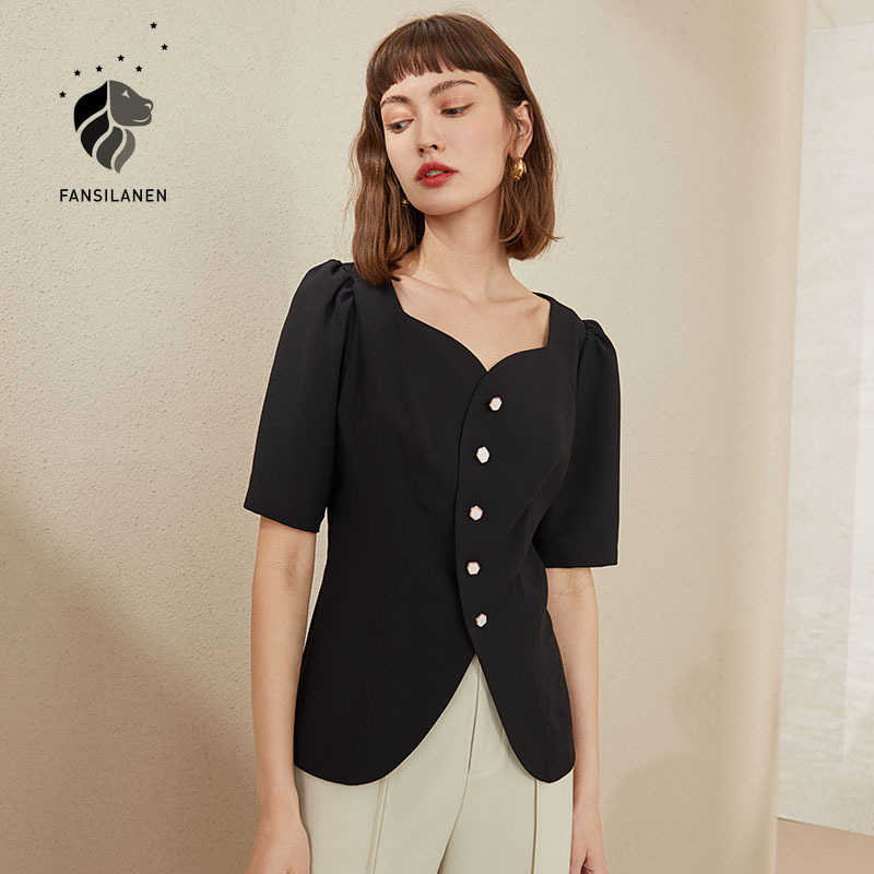 

FANSILANEN Vintage short sleeve chiffon blouse shirt Women summer casual button up Female black elegant office ladies tops 210607