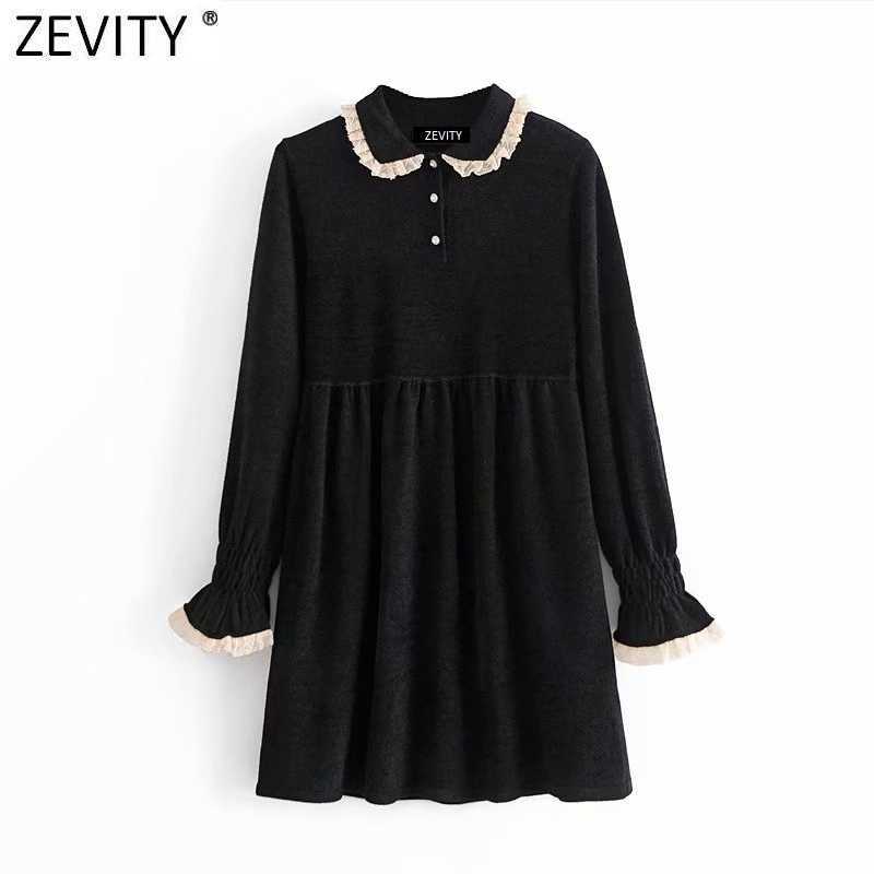 

Zevity Women Sweet Lace Ruffles Black Chenille Mini Dress Femme Turn Down Collar Buttons Vestido Chic Party Clothing DS4915 210603, As pic ds4915hh