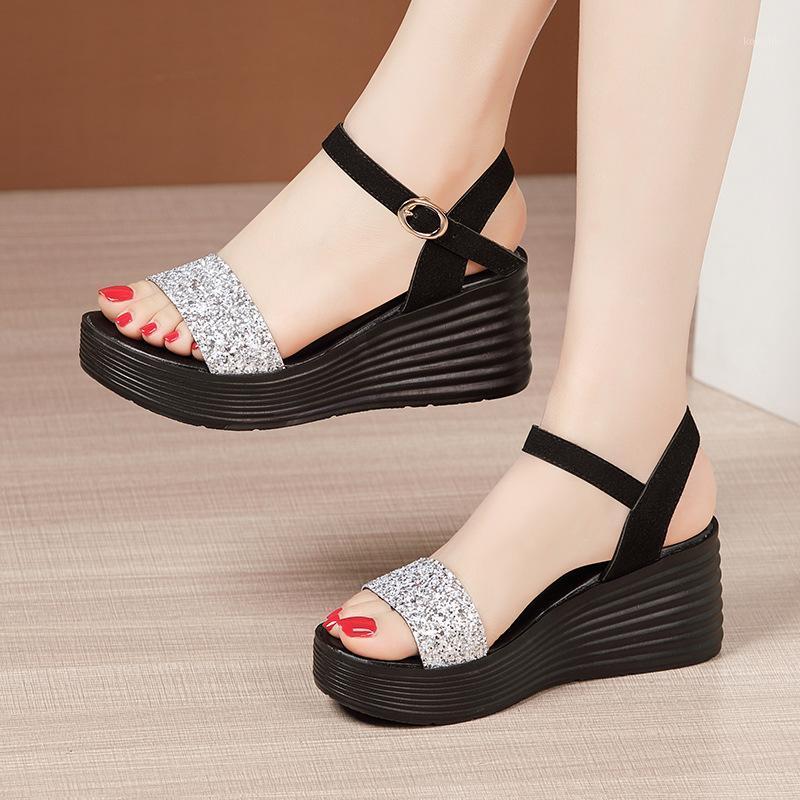 

Dress Shoes Ladies Black Platform Sandals Woman Summer For Women Wedge Female High Heel Fashion Rhinestone 32-43