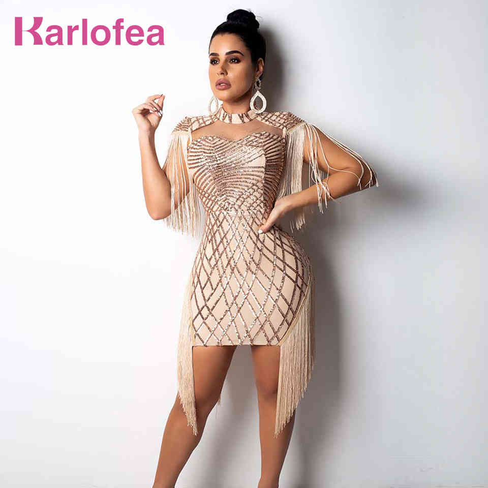 

Tassel Cloak Sleeve Party Dress Sexy Hollow Out Sequin Bodycon Mini Gold Club Birthday Fringe Women es 210520, Red