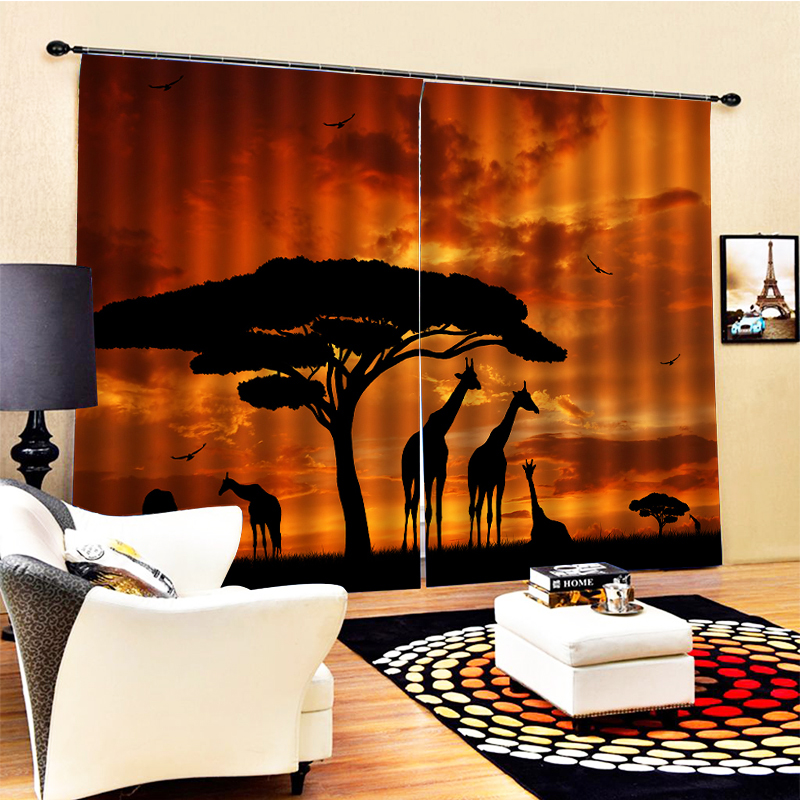 

High quality custom fabric nature scenery sunset curtain 3D Window Curtains For Living Room, Gold