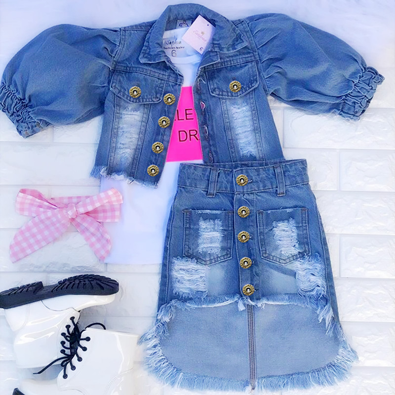 

2021 2Pcs Fashion Fall Kids Two- piece Clothes Set Blue Puff Sleeve Open Front Denim Jacket+Irregular Hem Skirt Toddler Infant Outfit, White