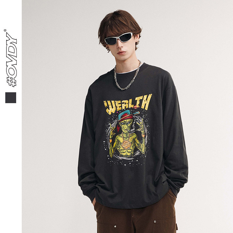

wxwovdy 2021 autumn new street fashion fun alien print loose pullover long sve, Black