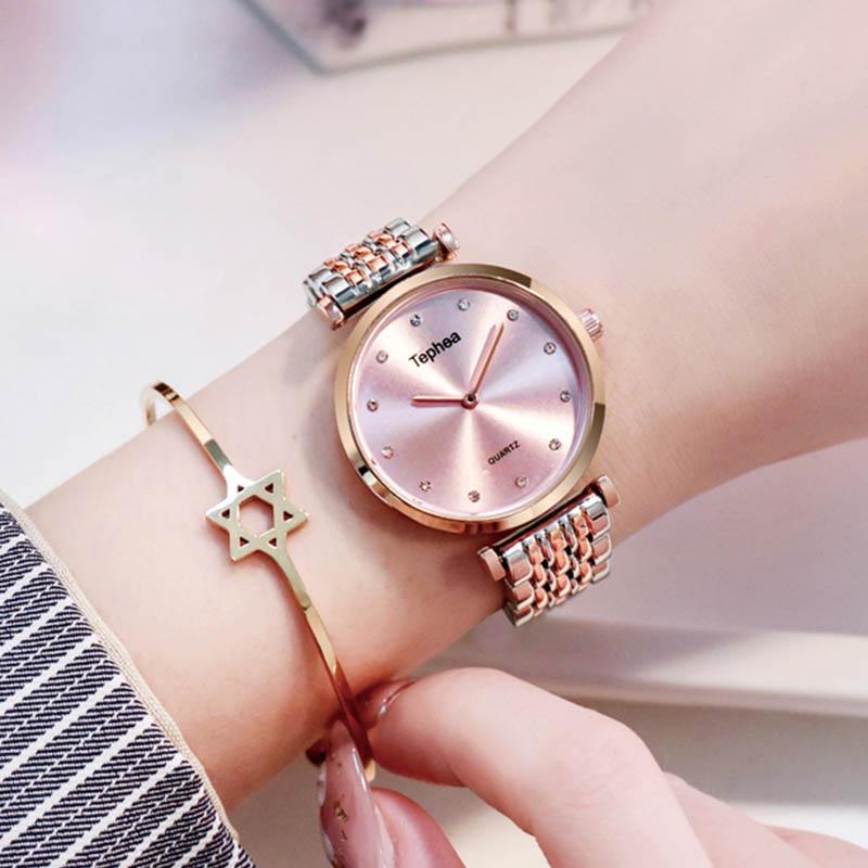 

Wristwatches 2021 Top Brand Lady For Watch Women's Quartz Rose Gold Watches With Bracelet Dress Accessories Rhinestones Clock, Red