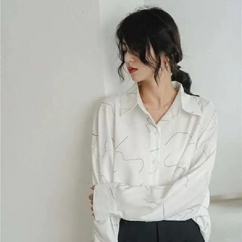 

Spring Korean style Abstract Printing Women White Tunic Shirt Loose Long Sleeve Button Ladies Blouse Oversize Female Tops 210521, White t shirt