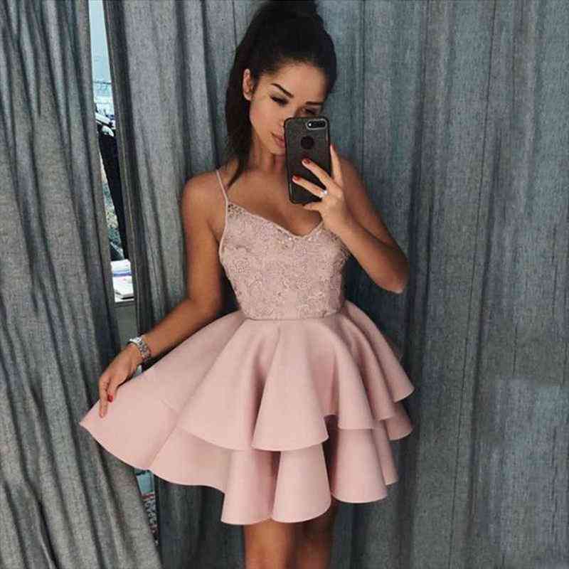 

pink lace party dress night club women sleeveless strap summer sundress a line solid layered ruffles dress female, Black;gray
