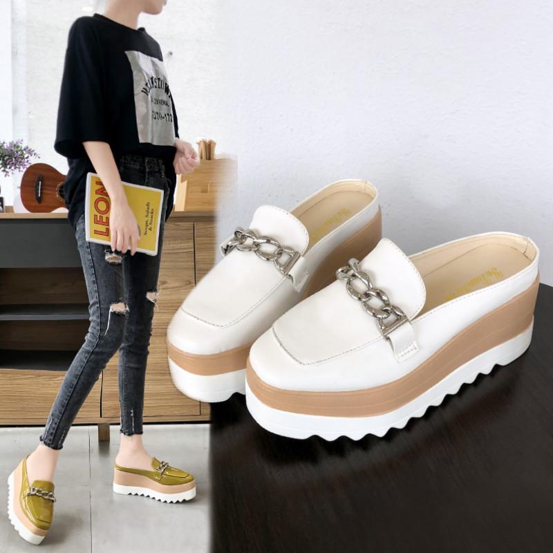 

On A Wedge Shoes Woman 2021 Slippers Casual Pantofle Cover Toe Platform Med Luxury Flat Soft Leisure Slides Concise Fashion, Black