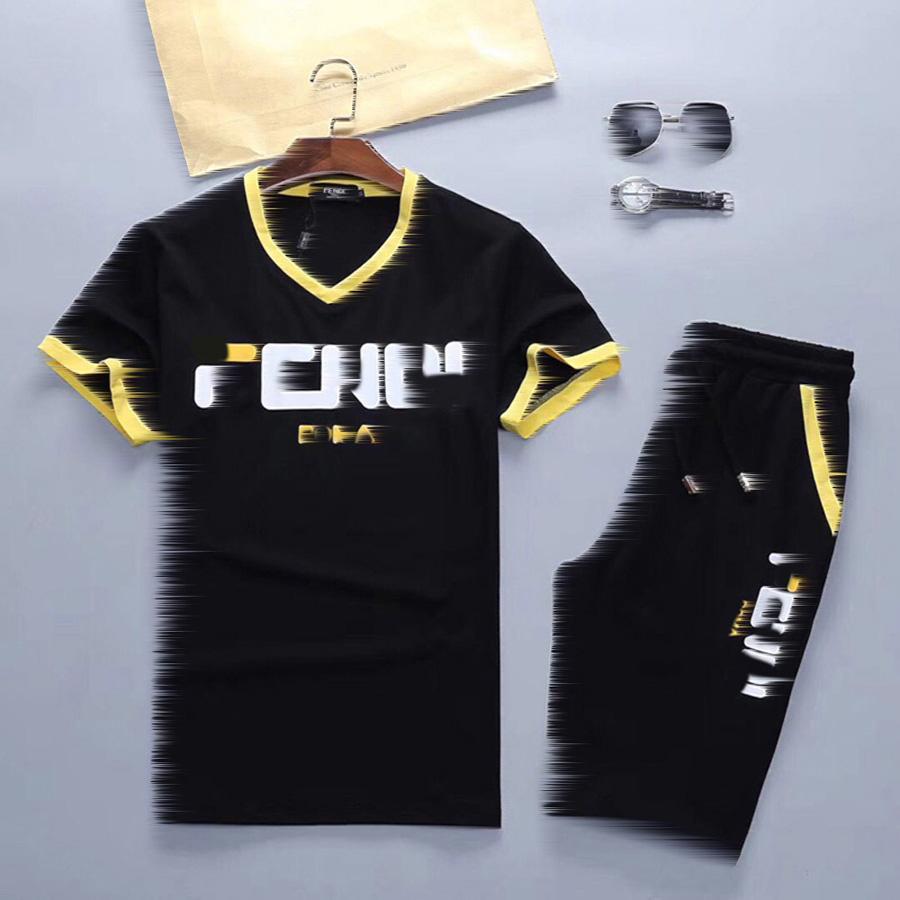 

Summer Tracksuit Men Sportswear Short Sleeve T Shirt Shorts Two Piece Set Mens Patchwork Track Suit chandal hombre M-3XL, Black;brown