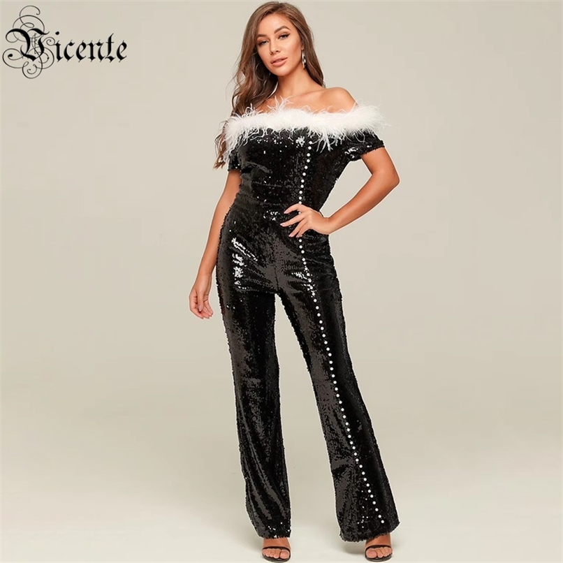 

Free Chic Black Jumpsuit Sexy Off The Shoulder Feathers Embellished Celebrity Christmas Party Sequins Rompers 210520