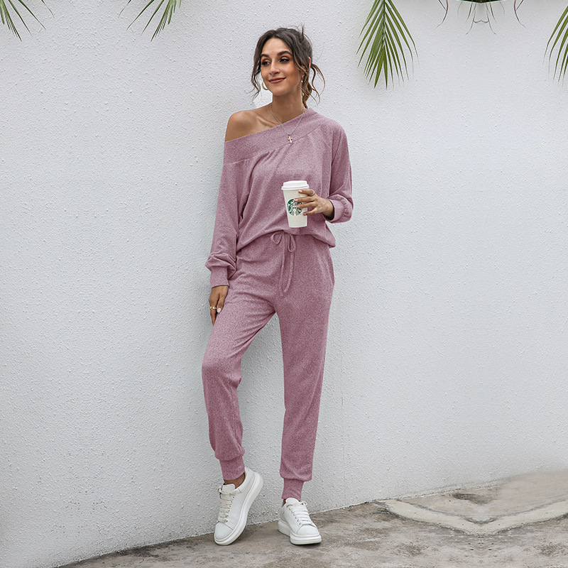

Women casual suit Solid knitted pullovers and Long pants high quality Spring Summer suits for female home wear clothing loose 210524, Gray