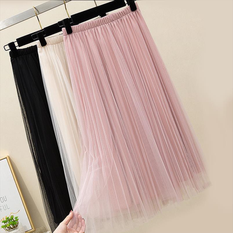 

tulle elastic high waist womens skirts mesh spring summer fashion long a line black girl korean pleated faldas