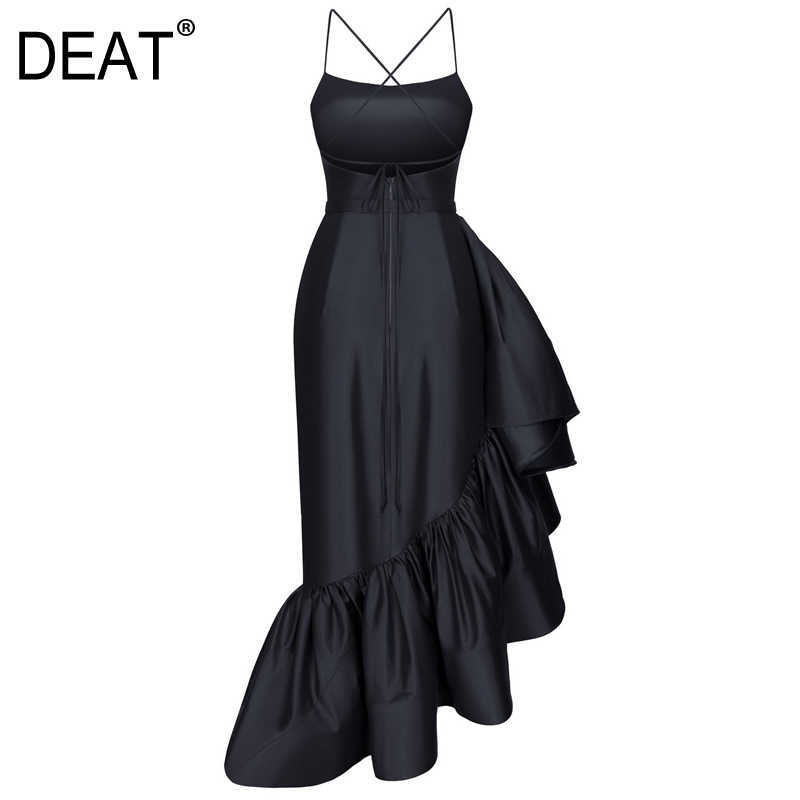 

[DEAT] Women Ruffled Patchwork Pleated Elegant Dress Strapless Sleeveless Loose Fit Fashion Spring Autumn 13T956 210527, Black