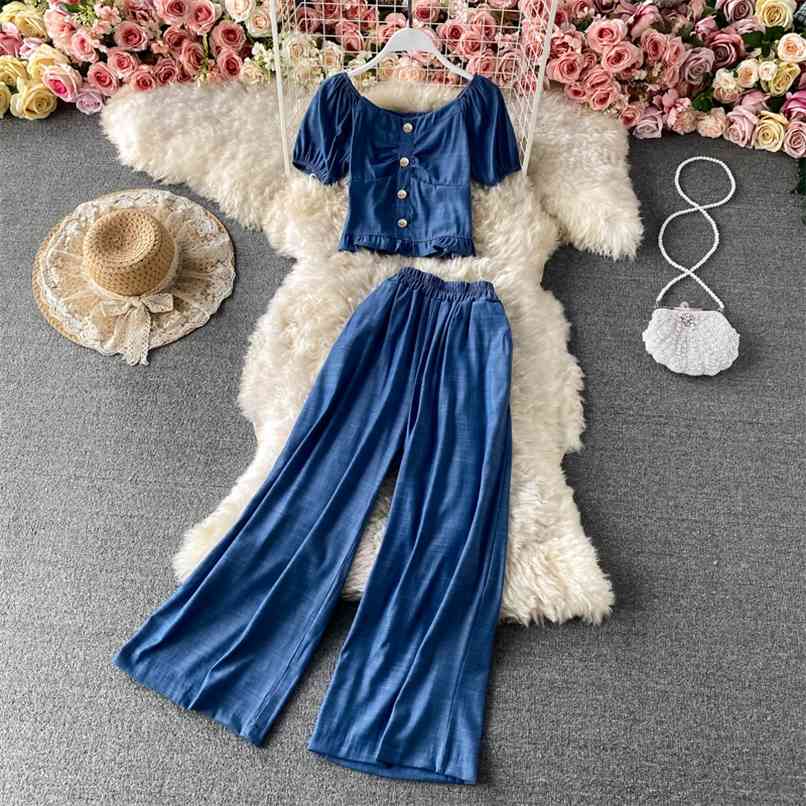 

Blue Puff sleeve Elastic Cropped Tops and Elegant Wide leg Pants 2 piece Trousers Sets Women Fashion Imitation cowboy Casual Set 210602, Sky blue