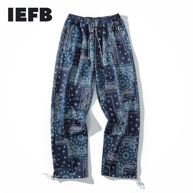 

IEFB Hip Hop Cashew Flower Print Straight Wide Leg Pants Men's And Women's Fashion Casual Drawstring Leggings Trousers 9Y7294 210524, Black