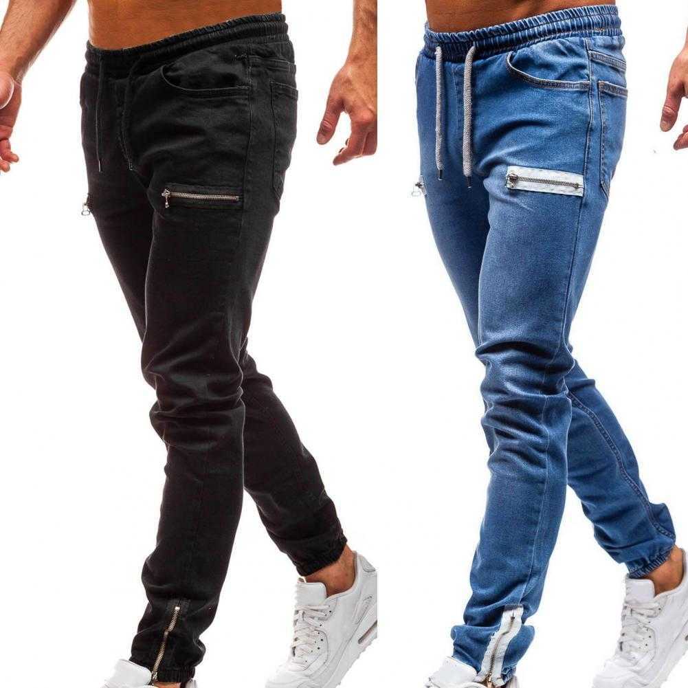

Men's Elastic Denim Pants Casual Frosted Zipper Drawstring Jeans Training Jogger Athletic Multi Pockets Ankle Tied Sweatpants X0621, Dark blue