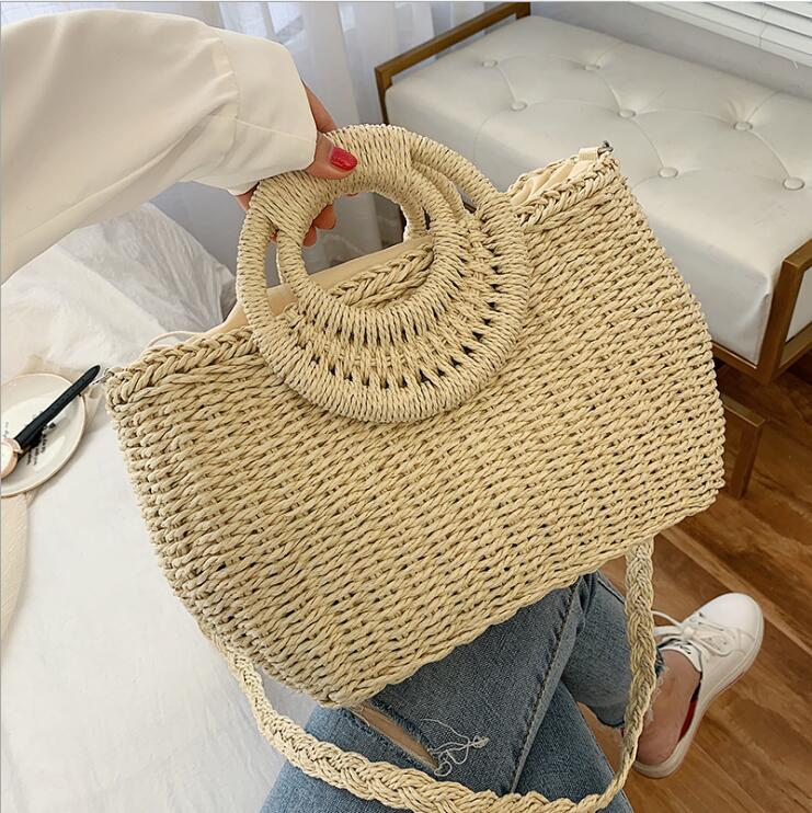

Factory wholesale women handbag hand-woven large summer beach bags retro straw women handbags simple atmosphere fashion women handbag, Black;red