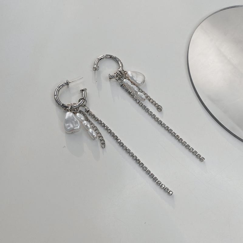

Hoop & Huggie ALLME Personality C Shape Bamboo Joint Long Tassel Earrings For Women Female Shiny Rhinestones Irregular Pearl