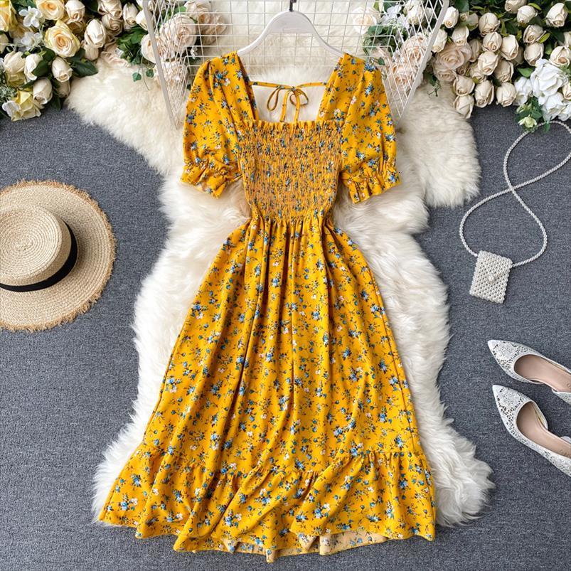 

boho slim vintage floral print women dresses summer midi long square collar chiffon party elastic beach holiday tunic, Black;gray