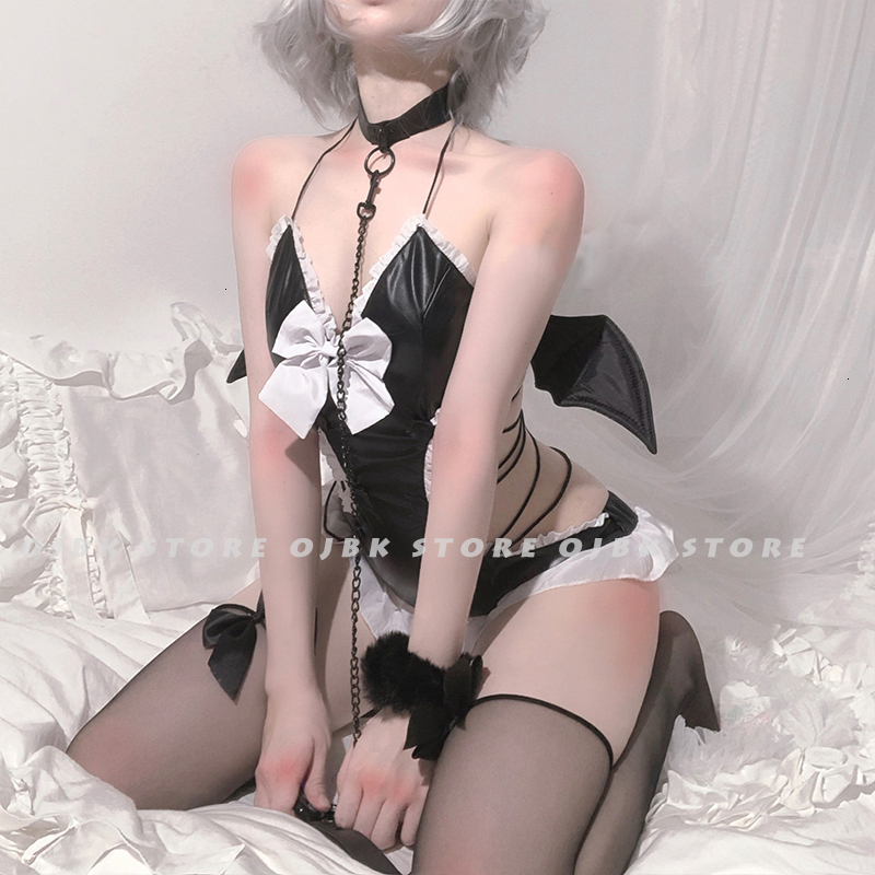 

OJBK Sexy Lingerie Little Devil Cosplay Costumes Black Pu Leather With Adorable Bat Wings Erotic And Cute Uniform Photo Dress, Red